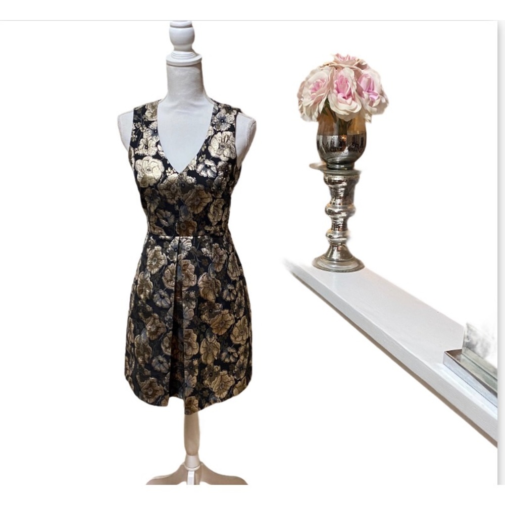 I N A Metallic Gold Jacquard Fit N Flare Dress